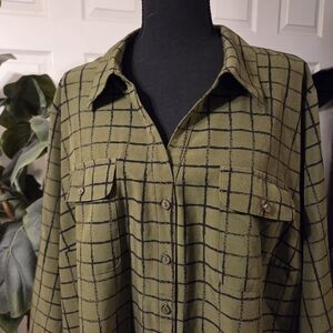 NY Collection Green/Black 3XL Window Pane Roll-Tab Sleeve Flap Pocket Blouse